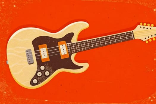 A stylized, illustrated electric guitar rests on a weathered, sandy background. The guitar's body is a mix of brown and green, accented with circular patterns, while the neck and fretboard are adorned with reddish-brown wood and yellow-gold strings.