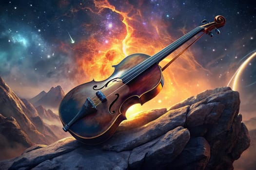 A weathered violin lies nestled amidst craggy rocks, its rich brown wood contrasting with the celestial backdrop. A distant, glowing planet hangs in the star-dusted sky, its fiery hues mirroring the passion of the instrument.