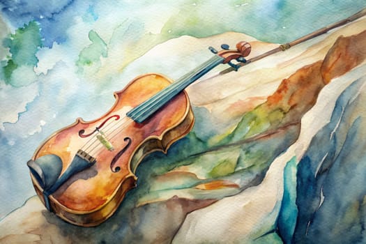 A violin painted in watercolor rests gently on a canvas, surrounded by splashes of vibrant colors that evoke a sense of artistic expression and musical inspiration.