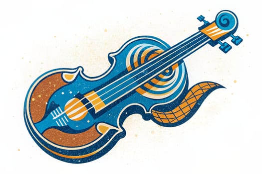 A stylized, colorful violin is depicted against a textured background, showcasing a unique blend of vintage and modern art. The vibrant blue, orange, and yellow hues create a visually striking image that captures the essence of musical expression.