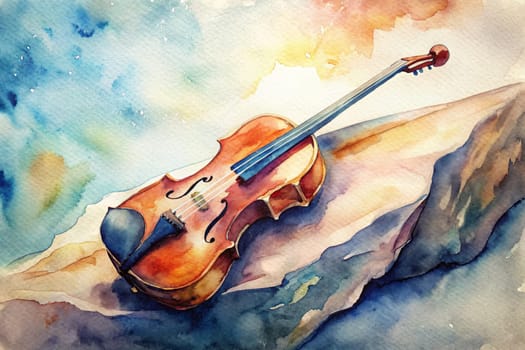 A violin painted in watercolor rests gently on a canvas, surrounded by splashes of vibrant colors that evoke a sense of artistic expression and musical inspiration.