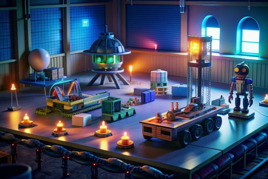 A dimly lit warehouse is filled with construction and experimentation, illuminated by flickering candles and a tall, glowing lamp. A robot stands beside a semi-trailer truck, observing the surrounding machinery.