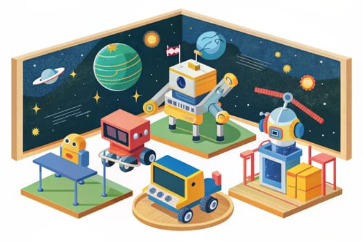 A group of robots stand on a checkered platform in front of a blackboard with a drawing of Earth and a planet with rings. One robot is by a chalkboard with a backpack, another robot has a crane arm, and another robot has a long arm that appears to be extending across the space. Several boxes are scattered around, suggesting these robots are learning and exploring together.