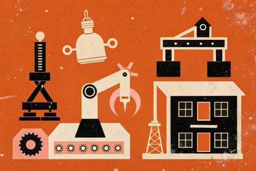 A retrofuturistic illustration featuring a collection of whimsical, stylized gadgets and machines, each with distinct features and functions. The objects are rendered in a vibrant color palette against a textured orange background.