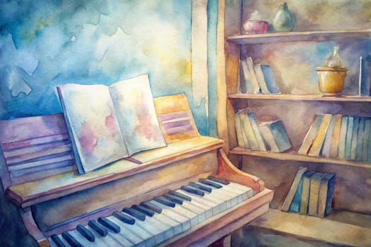 Sunlight streams through the window, illuminating a worn piano with an open book resting on the top. A nearby bookshelf is filled with well-loved books, hinting at a space where knowledge and creativity intertwine. The faint blue hue of the wall creates a calming and nostalgic ambiance.