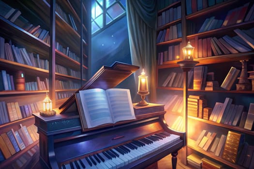 A grand piano sits open in a dimly lit room, illuminated by candlelight. The room is lined with bookshelves overflowing with volumes, hinting at a love of literature and music. A single open book rests on the piano, suggesting a composer's inspiration. The moon shines through a window, casting an ethereal glow on the scene.