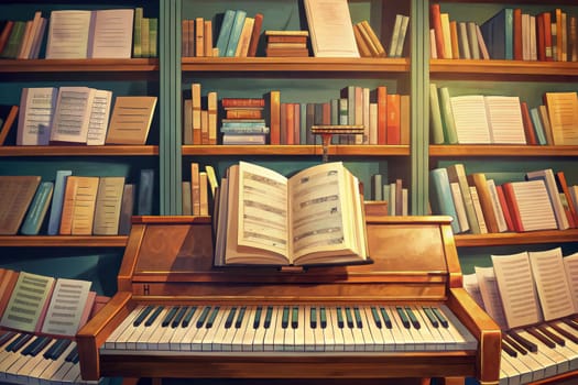 A grand piano sits in a room with bookshelves overflowing with books. A single book rests open on a music stand, revealing its pages filled with musical notes. The warm lighting illuminates the room, creating a cozy and inviting atmosphere.