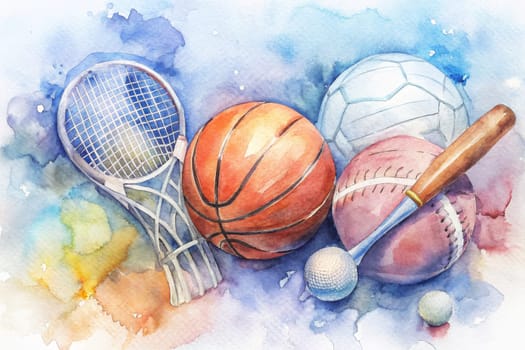 A watercolor painting depicting a variety of sports equipment, including a tennis racket, basketball, soccer ball, baseball, and a golf club, all arranged in a visually appealing composition. The watercolor's soft, vibrant hues create a dreamy atmosphere.