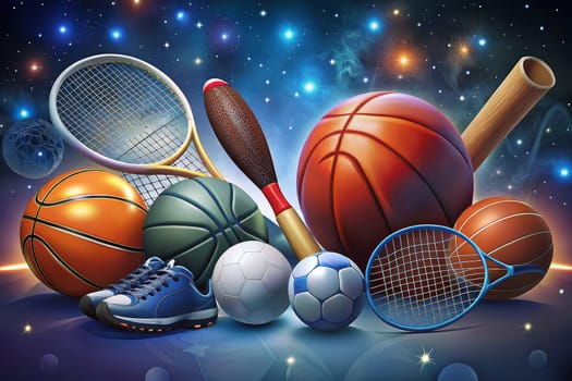 A vibrant collection of sporting goods including a tennis racket, a basketball, a baseball bat, a soccer ball, and a volleyball are arranged on a dark blue surface, as if floating in space. The background is a dark blue canvas with white stars, emphasizing the out-of-this-world scene.