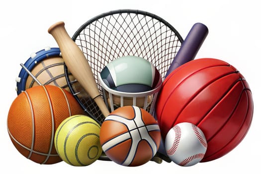 An assortment of sports equipment, including a basketball, football, soccer ball, tennis racket, baseball bat, and a blue volleyball, lie together on a gray background. The arrangement suggests a playful and energetic mood, showcasing the diversity of sports and athletic pursuits.