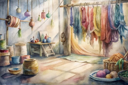 The interior of a quaint workshop is bathed in warm sunlight. Various objects, including pottery, yarn, and colorful fabric hangings, are arranged throughout the space. A simple wooden table with tools and supplies sits in the center, while a large open door in the background reveals a bright, sunny exterior. The scene captures a moment of peaceful craftsmanship in a vibrant, artistic space.