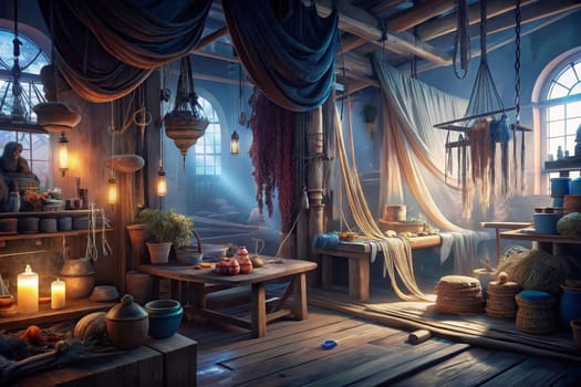 An ancient workshop bathed in the soft glow of moonlight, where woven fabrics hang from the rafters and lanterns illuminate workbenches filled with tools and materials. A bed sits tucked away in the corner, suggesting the space is both a place of creation and respite.