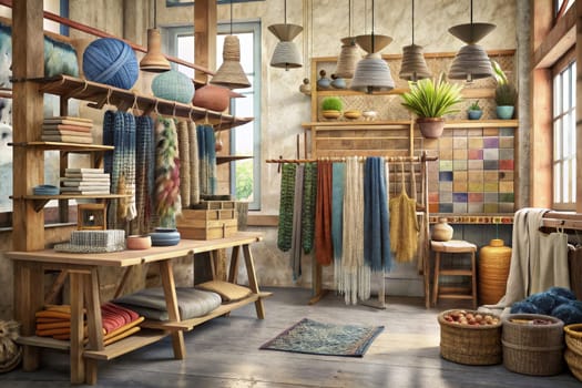 Sunlight streams through the window of a charming shop, illuminating shelves stacked with colorful yarn, handcrafted woven textiles, and rustic furniture. Warm light spills from overhead lamps, casting shadows across the wooden floor, adding to the inviting and cozy atmosphere.