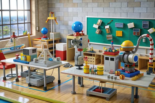 A group of robots stand on a checkered platform in front of a blackboard with a drawing of Earth and a planet with rings. One robot is by a chalkboard with a backpack, another robot has a crane arm, and another robot has a long arm that appears to be extending across the space. Several boxes are scattered around, suggesting these robots are learning and exploring together.