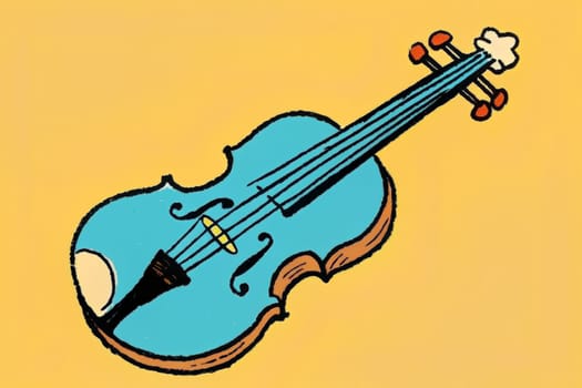 A turquoise-colored violin with black strings lies on a golden background. The violin's shape and detail are emphasized through the simple yet expressive linework of the illustration.
