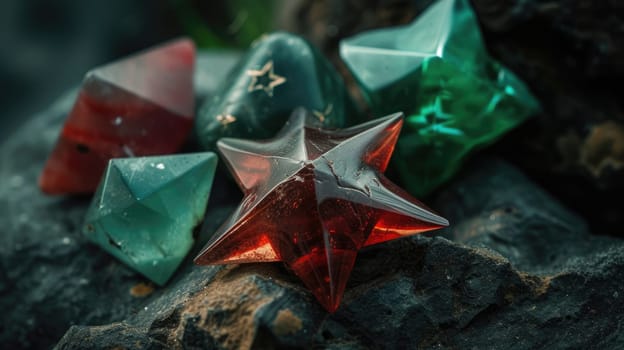 Mystical glowing red and green star shaped crystals on black stone background.