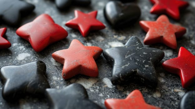 Elegant red and black stone stars creating a beautiful contrast on a dark black background.