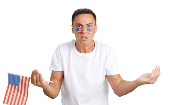 Man waving a United States national flag angry with a with a referee's decision