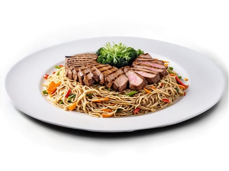 Teppanyaki with grilled meat vegetables and noodles on clean white plate. Food isolated on transparent background.