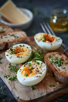 Bread with butter and cheese and boiled egg, food, Generative AI,
