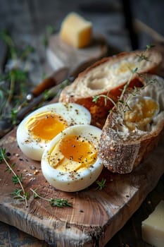 Bread with butter and cheese and boiled egg, food, Generative AI,