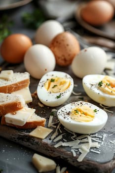 Bread with butter and cheese and boiled egg, food, Generative AI,