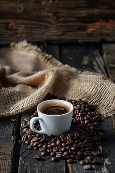 Coffee cup and saucer on a wooden table. drink Dark background.