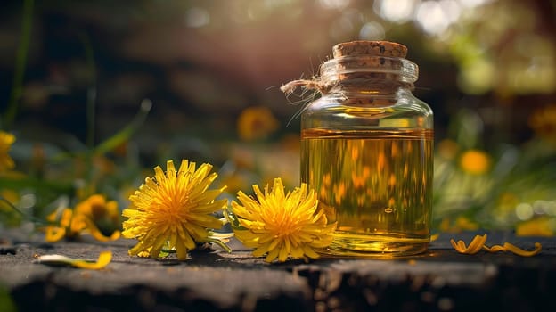 dandelion essential oil in a bottle, nature Generative AI,