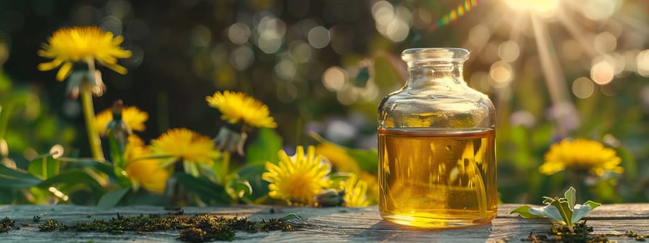 dandelion essential oil in a bottle, nature Generative AI,
