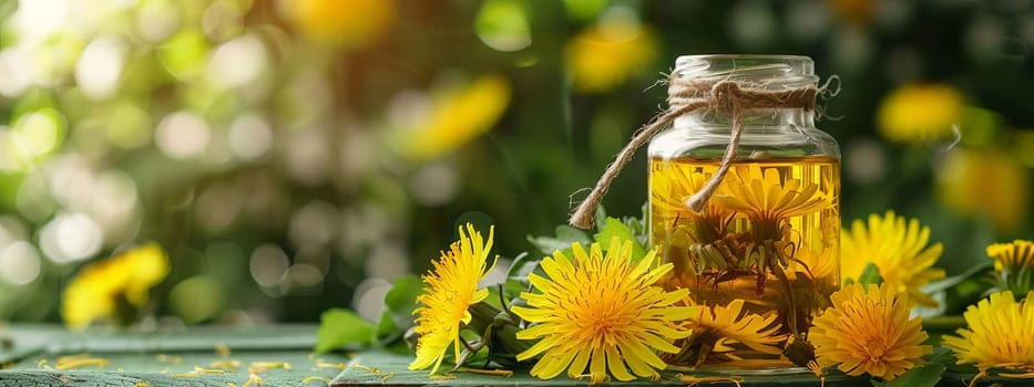 dandelion essential oil in a bottle, nature Generative AI,