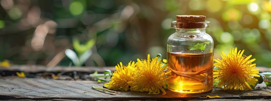 dandelion essential oil in a bottle, nature Generative AI,