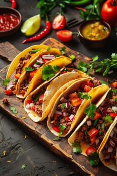 Mexican tacos on a wooden plate, food Generative AI,