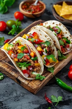 Mexican tacos on a wooden plate, food Generative AI,