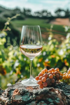 glass of wine against the background of a vineyard, drink, Generative AI,