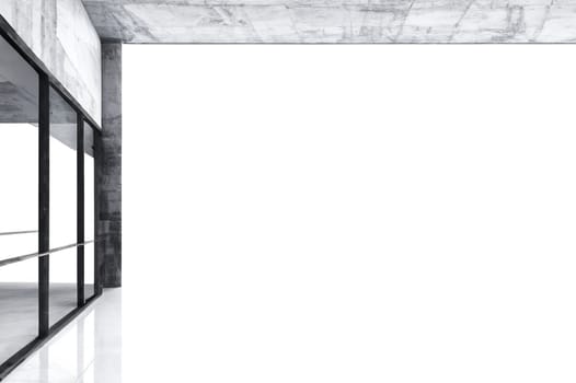A modern architectural space with white floor and copy space concrete walls and floors, creating an industrial and minimalist aesthetic.