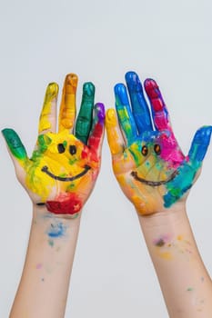 Children's hands in the colors of summer. Selective focus. arts