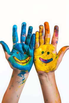 Children's hands in the colors of summer. Selective focus. arts