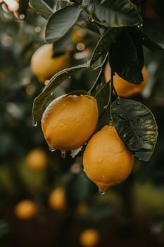 Close up of Lemons hanging from a tree in a lemon grove .food Generative AI,