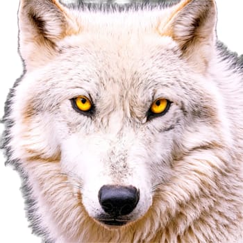 Animal isolated on transparent background. Regal gray wolf Canis lupus alpha howling thick silver and white fur piercing yellow eyes.