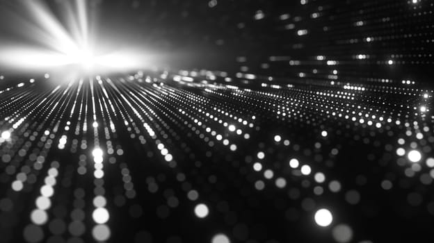 Abstract black and white background with glowing dots and lights creating a particle pattern