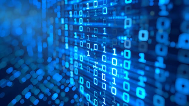 Binary code digital technology data in a matrix of information patterns on a network of bits