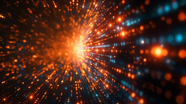 Abstract background with light, orange and blue pattern of dots and lines in a glowing burst.