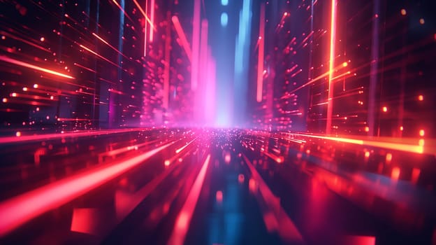 Futuristic city with neon lights and abstract cyber technology glowing in a digital network