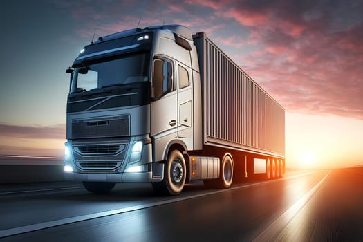 a large cargo truck driving on a highway at dawn.