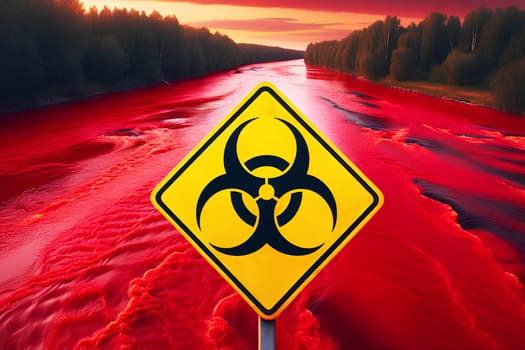 a yellow biohazard sign against the backdrop of a red river.