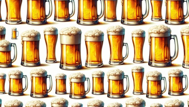 a seamless horizontal pattern of beer mugs on a white background.