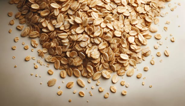 horizontal background texture of oatmeal flakes scattered across a flat surface.
