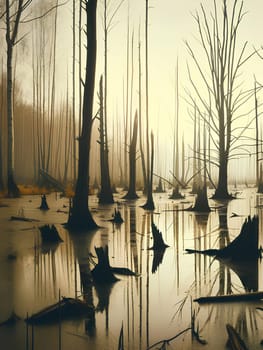 A swampy dying forest with sparse, withered trees with bare branches standing in the water. Infected area.