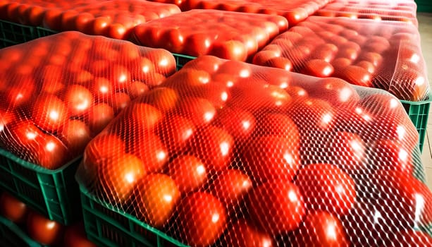 ripe tomatoes in nets in plastic boxes stacked on top of each other.