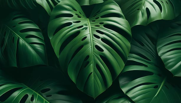 Horizontal plant green background from Monstera leaves.